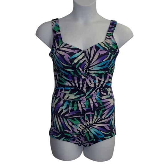 VINTAGE 90s retro fern‎ leaf print ruched low cut one piece swimsuit M - Picture 1 of 10